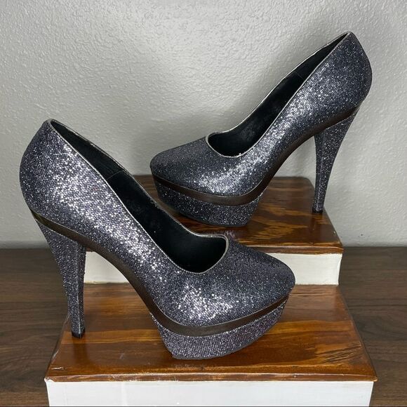 Promise Stiletto Platform Glitter Sparkly Steel Gray / Pewter High Heels Size 9 - Picture 2 of 15